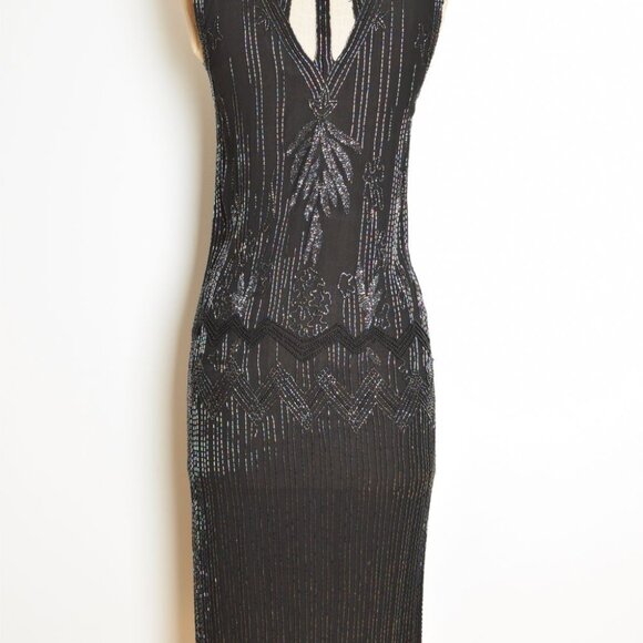 vintage 80s flapper dress black silk sequin beaded cutout cocktail party prom XS - Picture 8 of 10